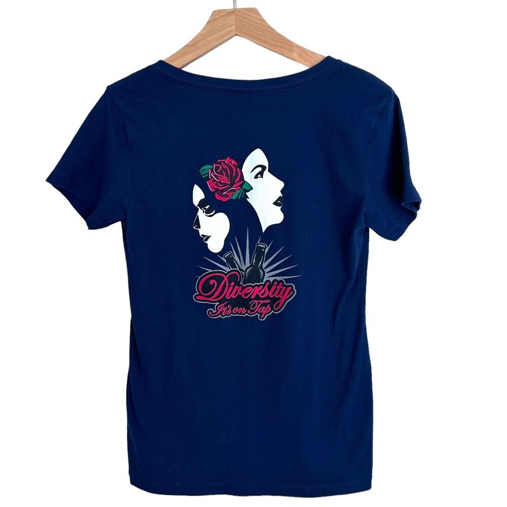 Atrevida Beer T Shirt Sz L Graphic Blue V Neck Womens Diversity Its on Tap Tee
